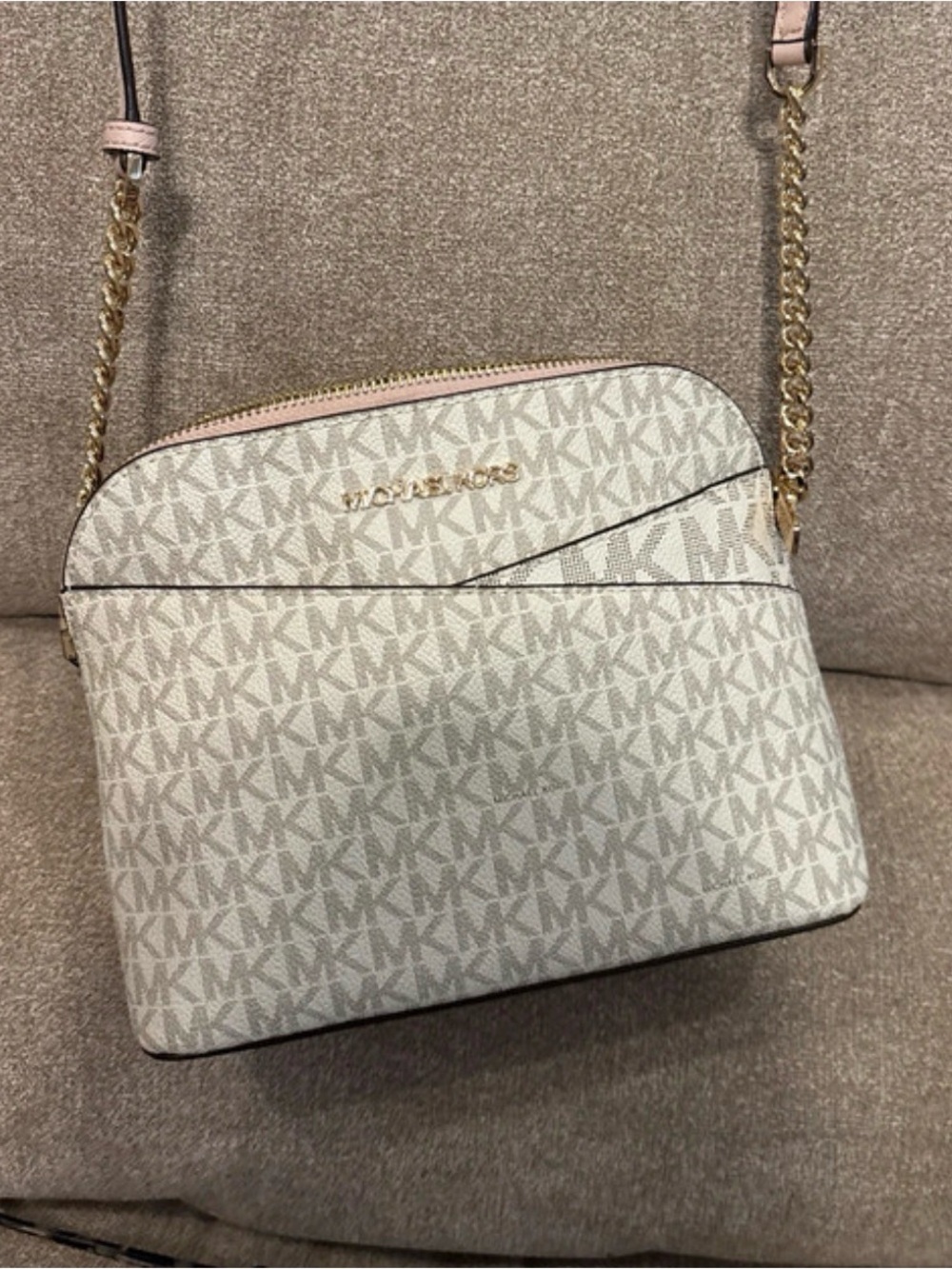 Michael Kors Beige Signature MK Crossbody with Gold Chain Trim